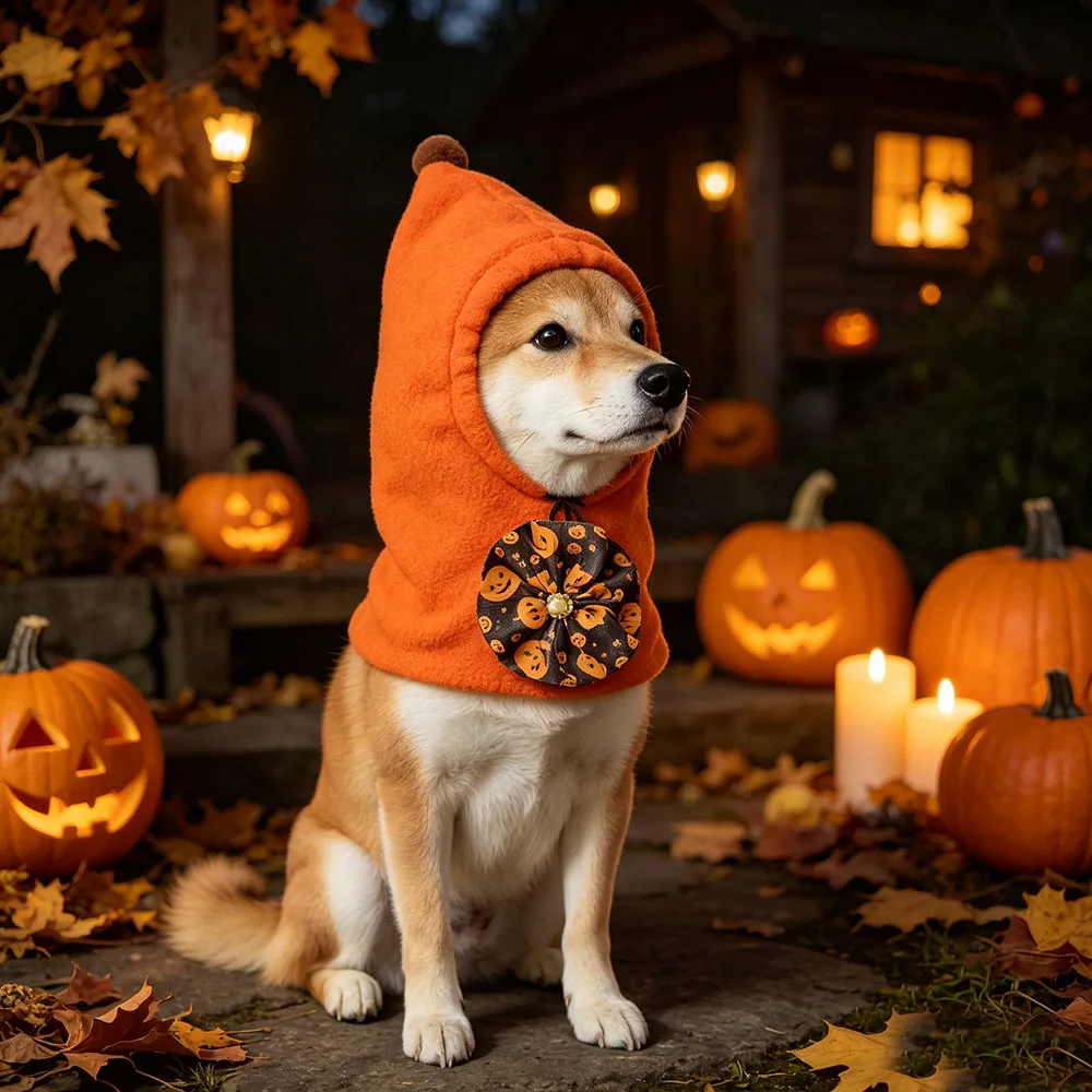Orange Pet Windproof Hood Halloween Kitty Cat Dog Hat Cosplay Bow and Hat Costume Cute