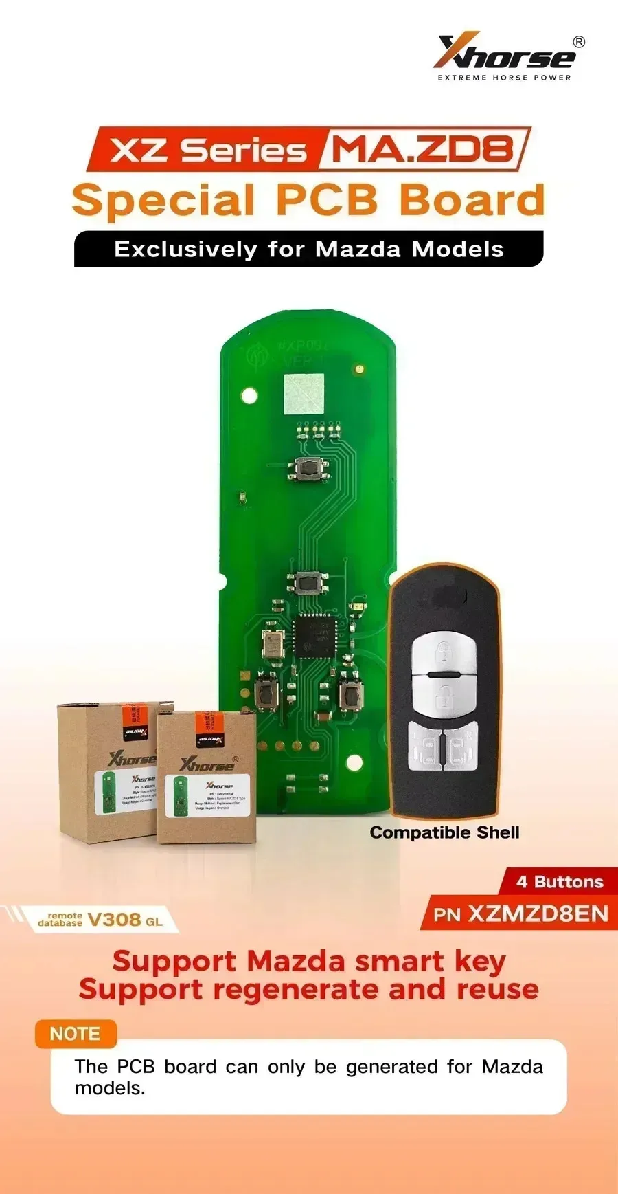 

Xhorse VVDI Special PCB Board XZMZD6EN 3 Buttons, XZMZD8EN 4 Buttons Exclusively for Mazda Models Remote Key Without key case