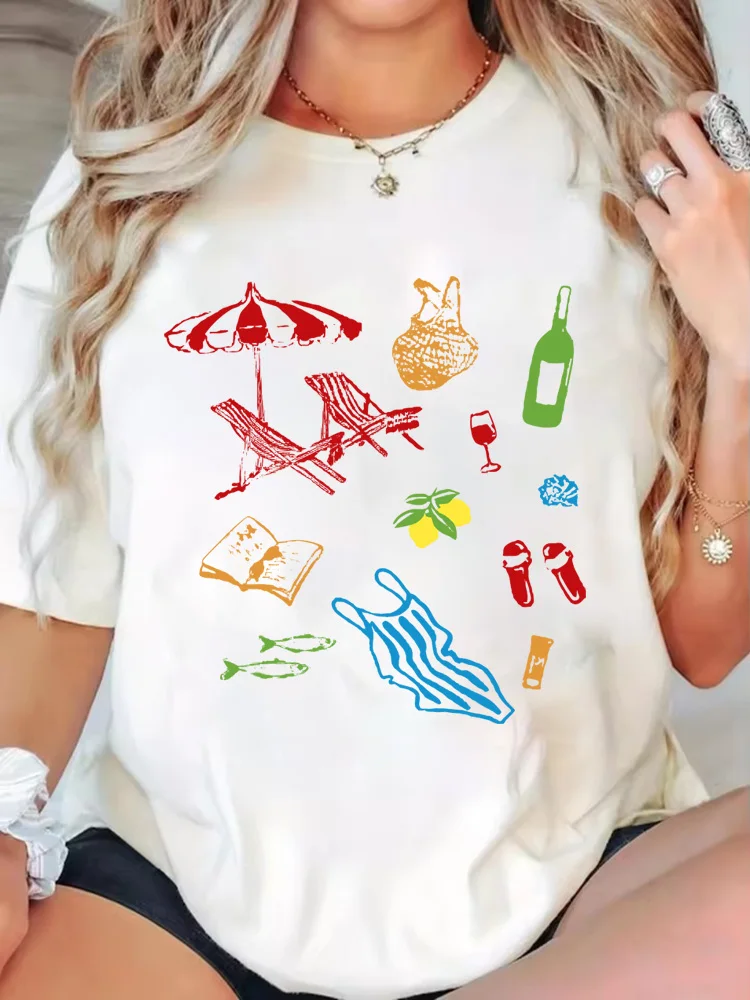 PLUS ขนาดผู้หญิง TShirt น่ารัก Y2k อิตาเลี่ยน Coastal Beach กราฟิกเสื้อ Retro La Dolce Vita เสื้อยืดความงามหลวมแขนสั้น TEE