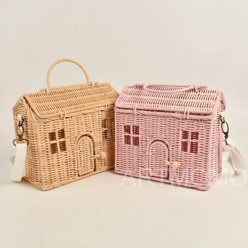 Creative House Shape Rattan Women Handbags Wicker Woven Shoulder Crossbody Bags Funny Summer Beach Straw Bag Handmade Travel Bag