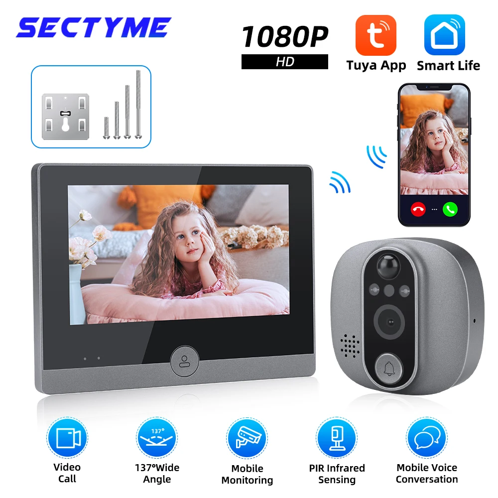 Sectyme 4.3Inch Tuya Peephole Video Doorbell Camera Night PIR Motion Detection Door Bell 1080P Smart Home Door View Camera