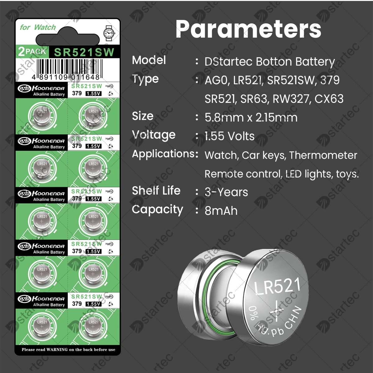 Koonenda LR521 AG0 1.55V Alkaline Button Battery SR521SW 379 SR521 179 SR63 Watch Battery Coin Cell for Keychain Flashlight Toys