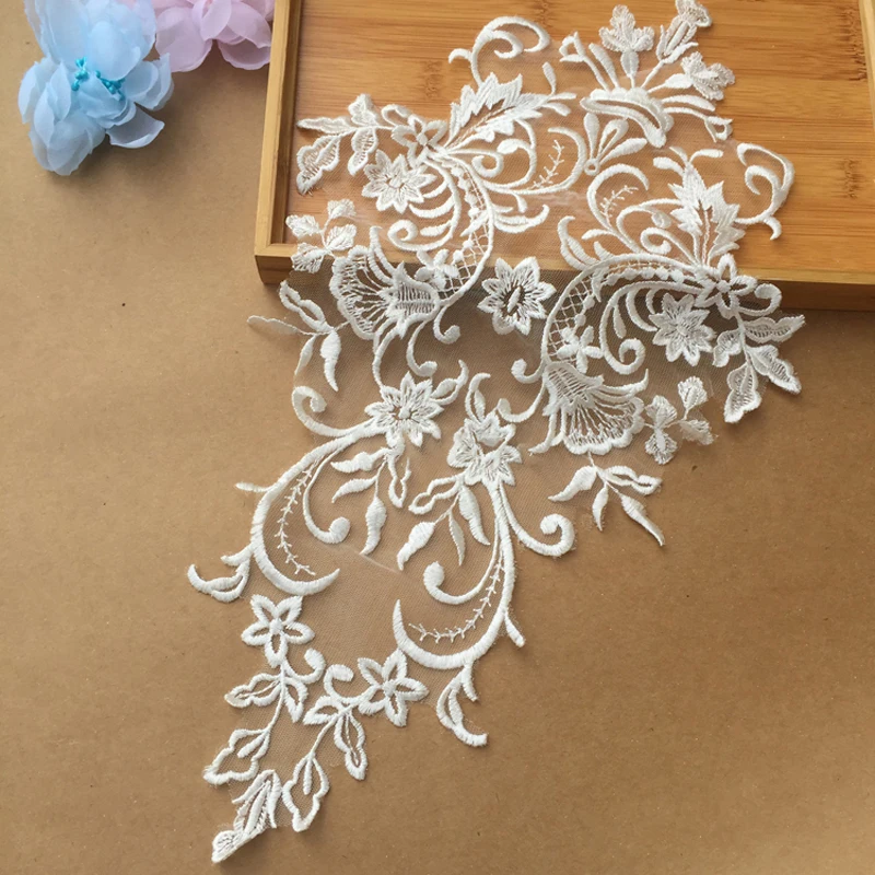 1Pc White Gold Patch Appliques Embroidery Lace Trim Fabric Cloth Sewing Patchwork DIY Craft 42*27cm