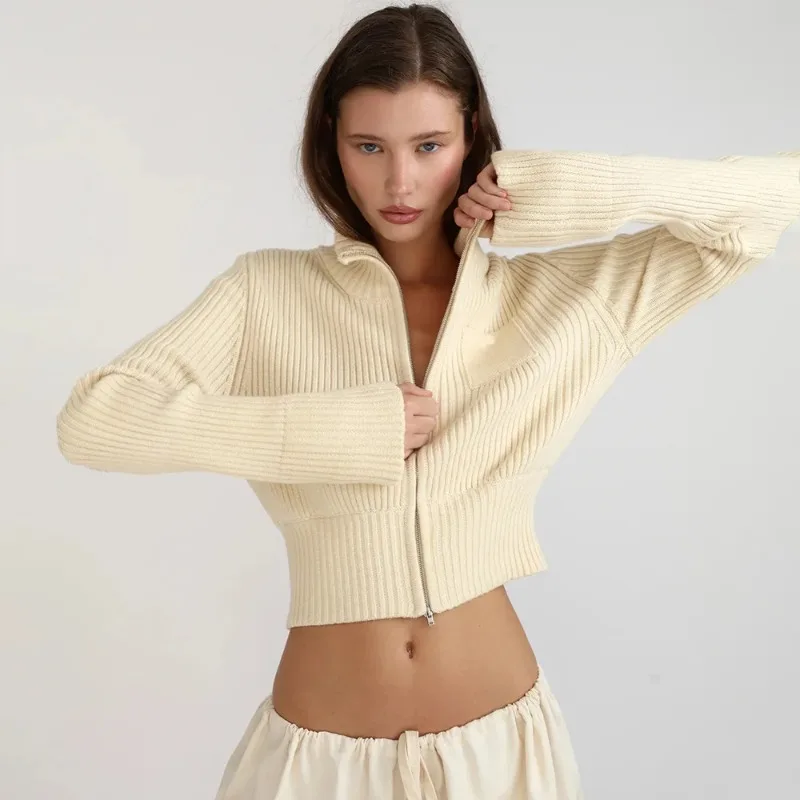 

Женский укороченный свитер-кардиган с высоким воротником на молнии, желтый, в рубчик, осенне-зимний трикотаж