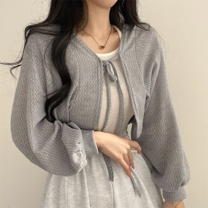 Lightweight Cardigan for Women Lace-up Summer Knitwear with Lantern Sleeves Korean Short Coat for Vest T-shirt