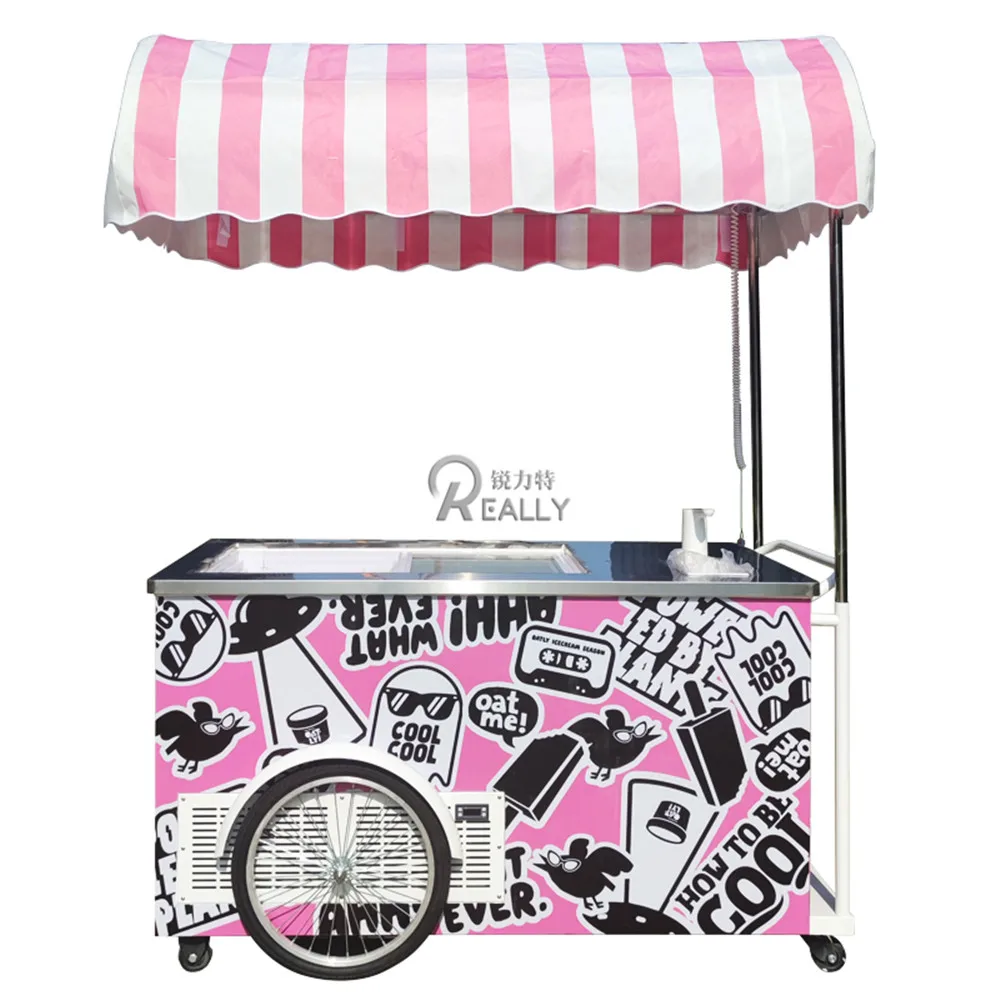 Commercial สองล้อไอศกรีมรถเข็นมือถือเครื่องดื่มขนมหวานไอศกรีมแช่แข็งจอแสดงผลตู้ปรับแต่ง Snack Cart