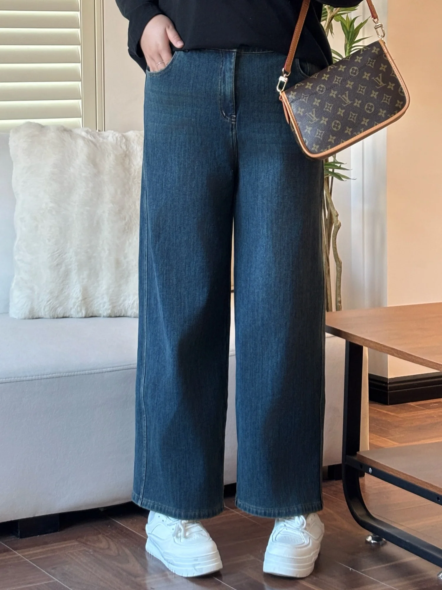 

plus Size Women's Winter Thiened Fce Denim Straight Leg Pants High Waist Cotton Blend Elastic Wide Leg Slimming Trousers