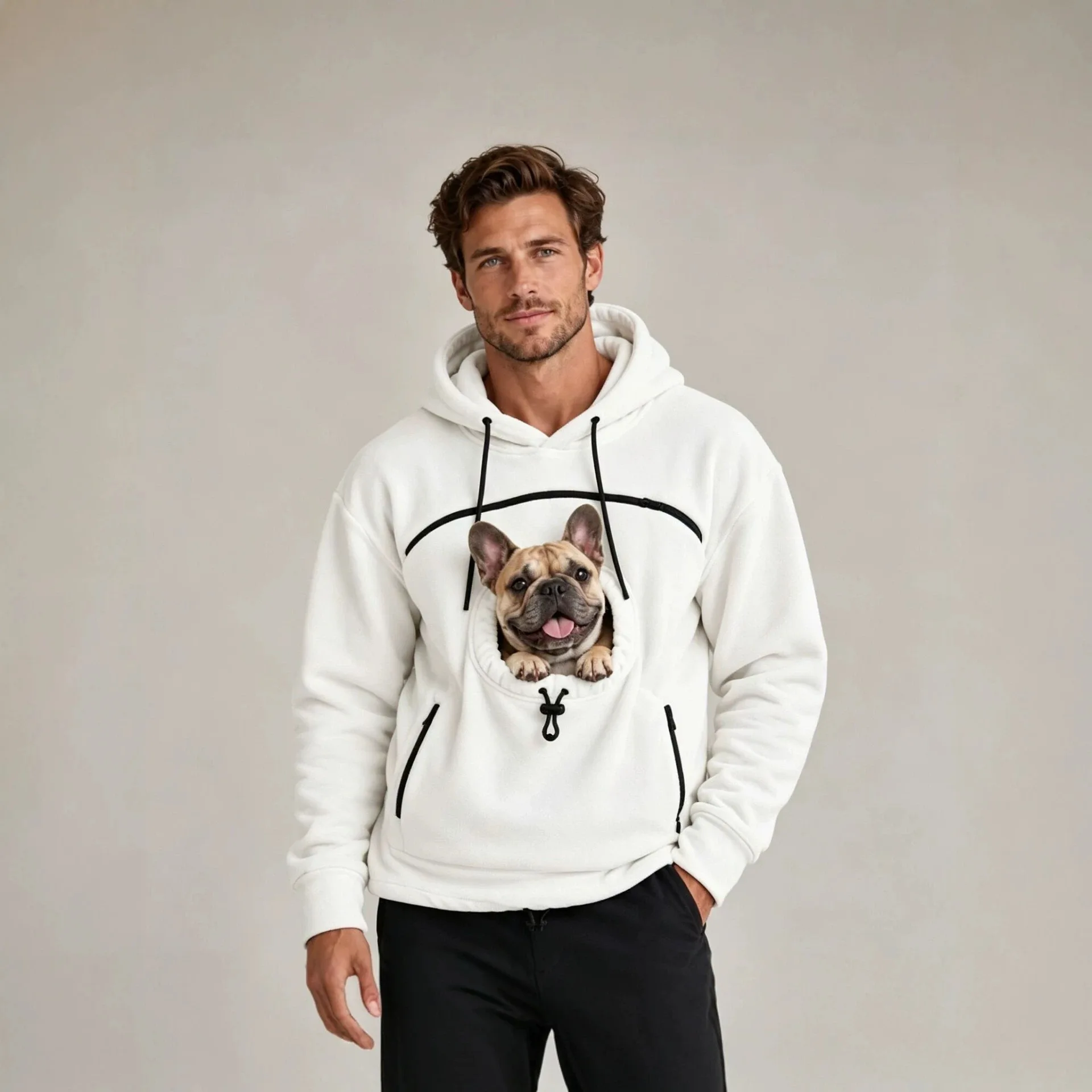 Men Pet Pocket Hoodie Autumn Winter Warm Fleece Long Sleeve Sweatshirt Dog Cat Carrier Pullover Tops Casual For Pet Lovers