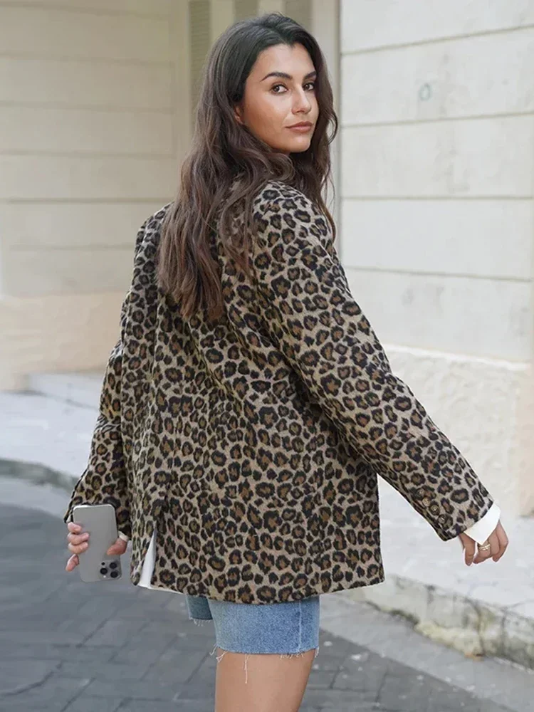 

Casual Leopard Print Lapel Blazer Jacket Woman Fashion Single Button Long Sleeve Crop Coat 2024 Lady Autumn High Street Outwear