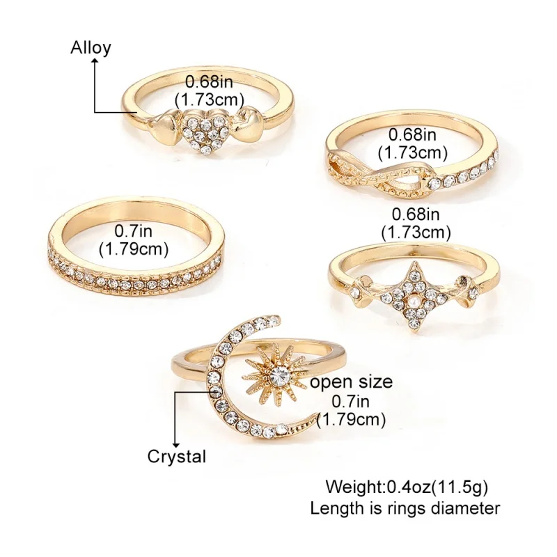 Miss JQ 5-Piece New Sweet Ring Personalized Love 8-Character Star Moon Diamond Set Ring for Women Charm Party Wedding