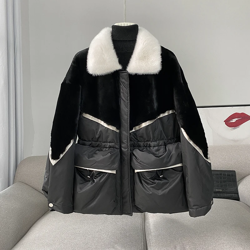 Lambswool Patchwork Women's Down Coat Mink Fur Collar Fashion Puffer Jackets Winter New Mid-long Female Down Parkas Outerwear