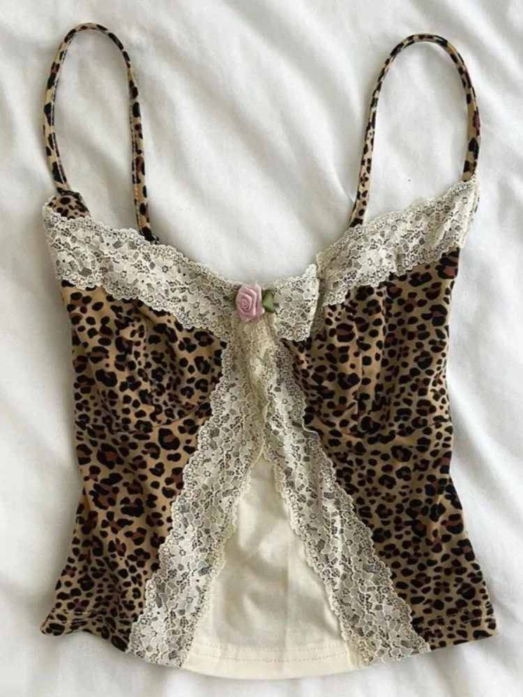 

90s Y2k Leopard Print Lace Trim Cami Top Women Sexy V-neck Floral Lace Bralette Sleeveless Chic Summer Casual Sexy Fashion Tops