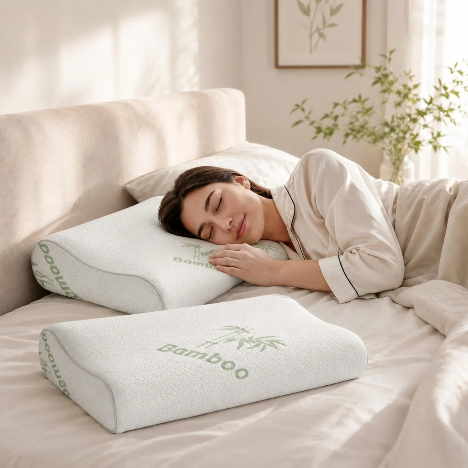 Bamboo Fiber Memory Foam Contour Pillow Slow Rebound Ergonomic Cervical Support Pillow Breathable Removable Pillowcase Orthop