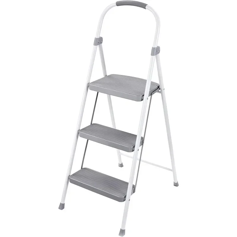 3 Step Folding Ladder, Steel Foldable Step Stool with Hand Grip, White