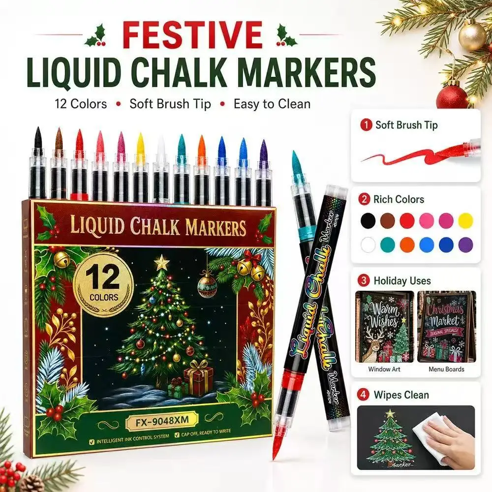 Christmas Liquid Chalk Markers Erasable Glass Board Pens Quick Dry for Window Advertisement LED Sign Art Supplies