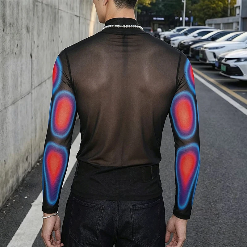 Herren-T-Shirt mit Stehkragen, Netzstoff, transparenten langen Ärmeln, Muskel-Print, durchsichtiges sexy Oberteil, Club-Party-Performance-Kostüm, schicke Kleidung – Detail 14