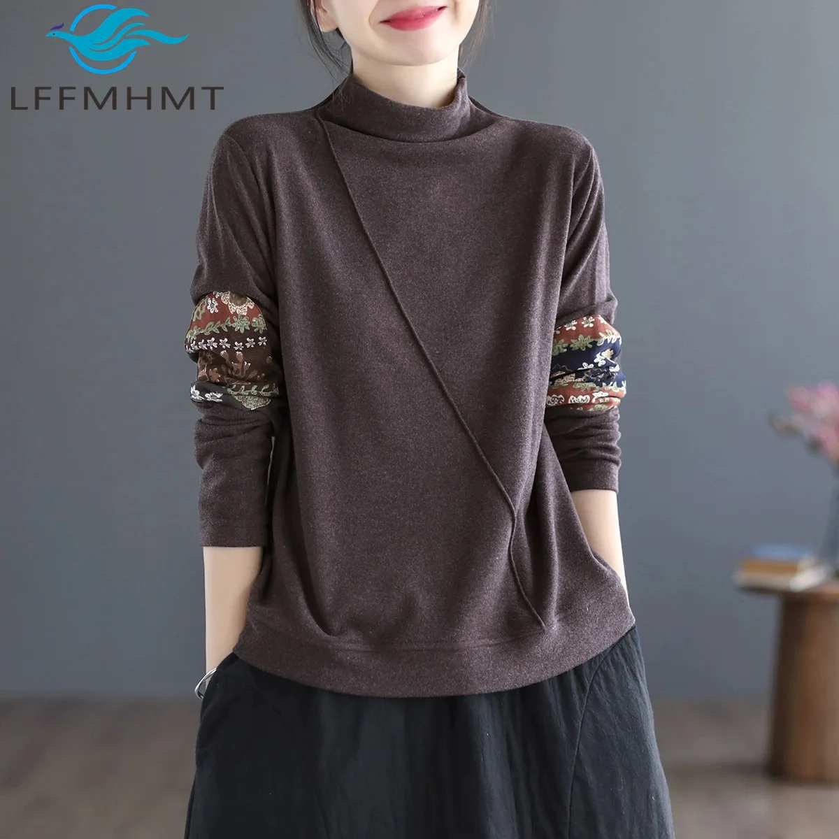 

Chinese Style Flower Print Patchwork Vintage T-shirt Good Quality Velvet Long Sleeve Loose Casual Mock-neck Warm Basic Pullovers
