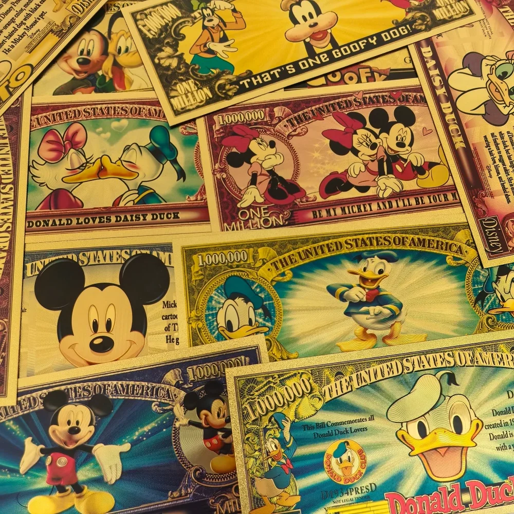 

6designs Cartoon Characters Gold Foil Banknotes Set Mickey Minnie Donald Duck Collection Art Craft Souvenir Gifts for fans