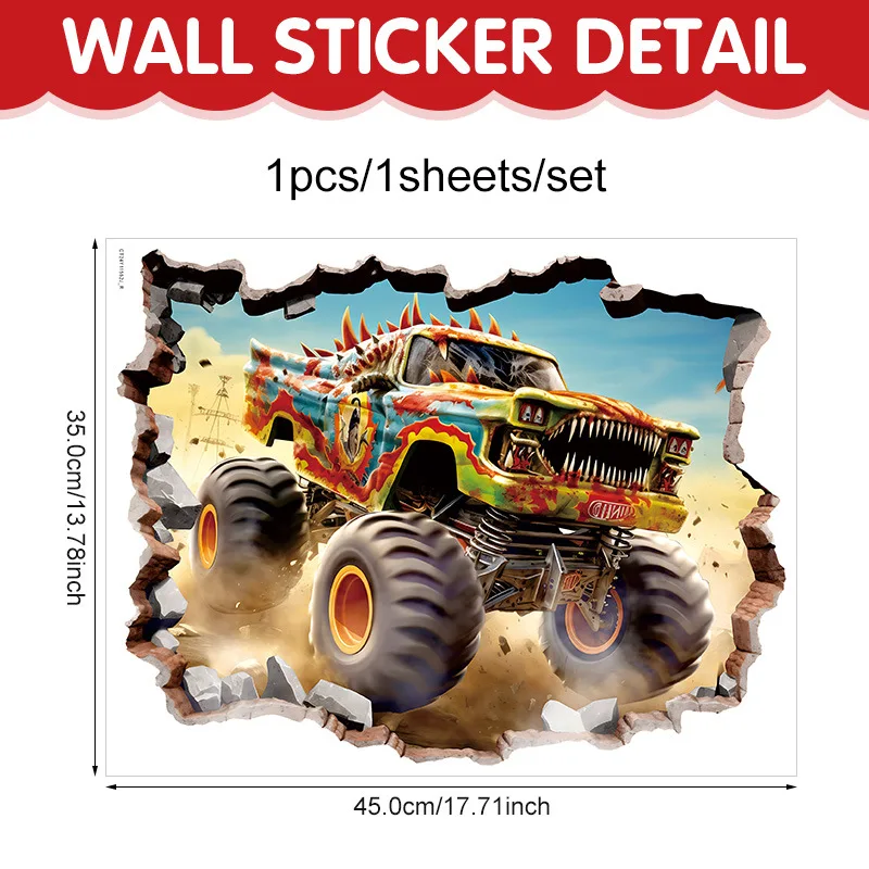 3D breakthrough  monster truck VINYL   removable Wall Sticker Decor self-adhesive