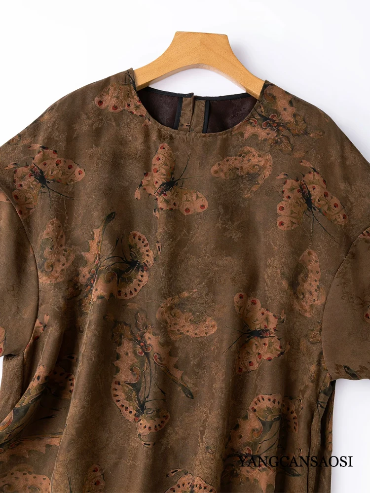 Women's Fashion Summer New Premium 100% Natural Mulberry Silk Jacquard Fragrance Cloud Yarn Round Neck Lantern Sleeve T-shirt