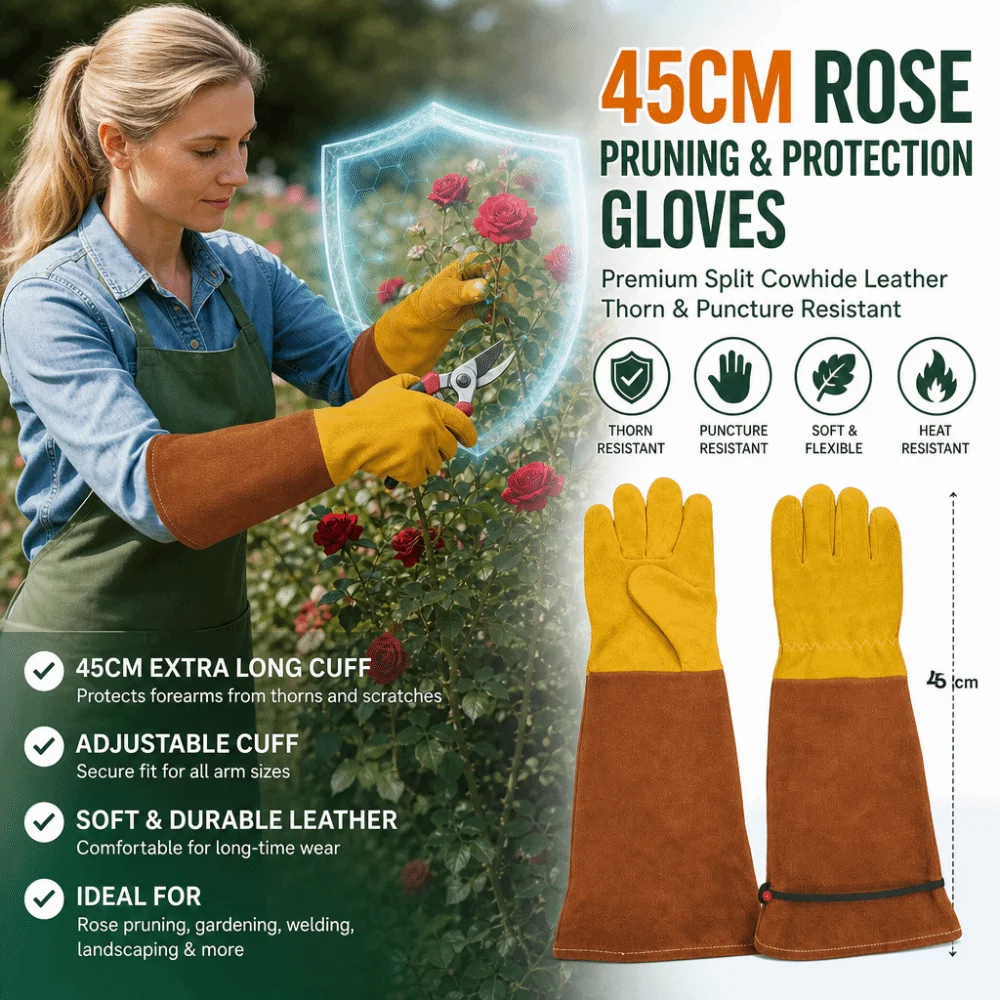 Cowhide Long Gardening Gloves Thorn Proof Breathable Rose Pruning Leather Gloves Heat-Insulated Non Slip Welding Work Gloves