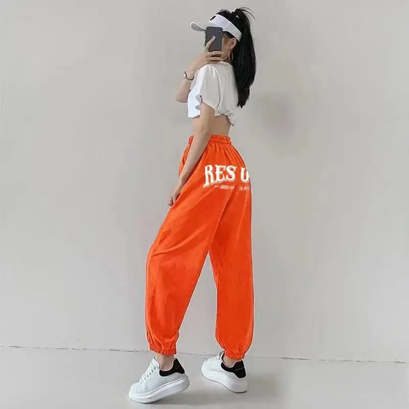 Street Dance Drawstring Design Wide Leg Pants Women European American Vintage Letter Print Trousers 2024 New Summer Y2K Pants