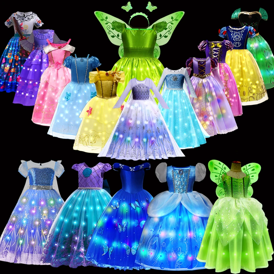 Mermaid Princess Ariel LED Light Up Dress Girls Kids Tinker Bell Cosplay Party Clothes Elsa Anna Carnival Halloween Prom Gown