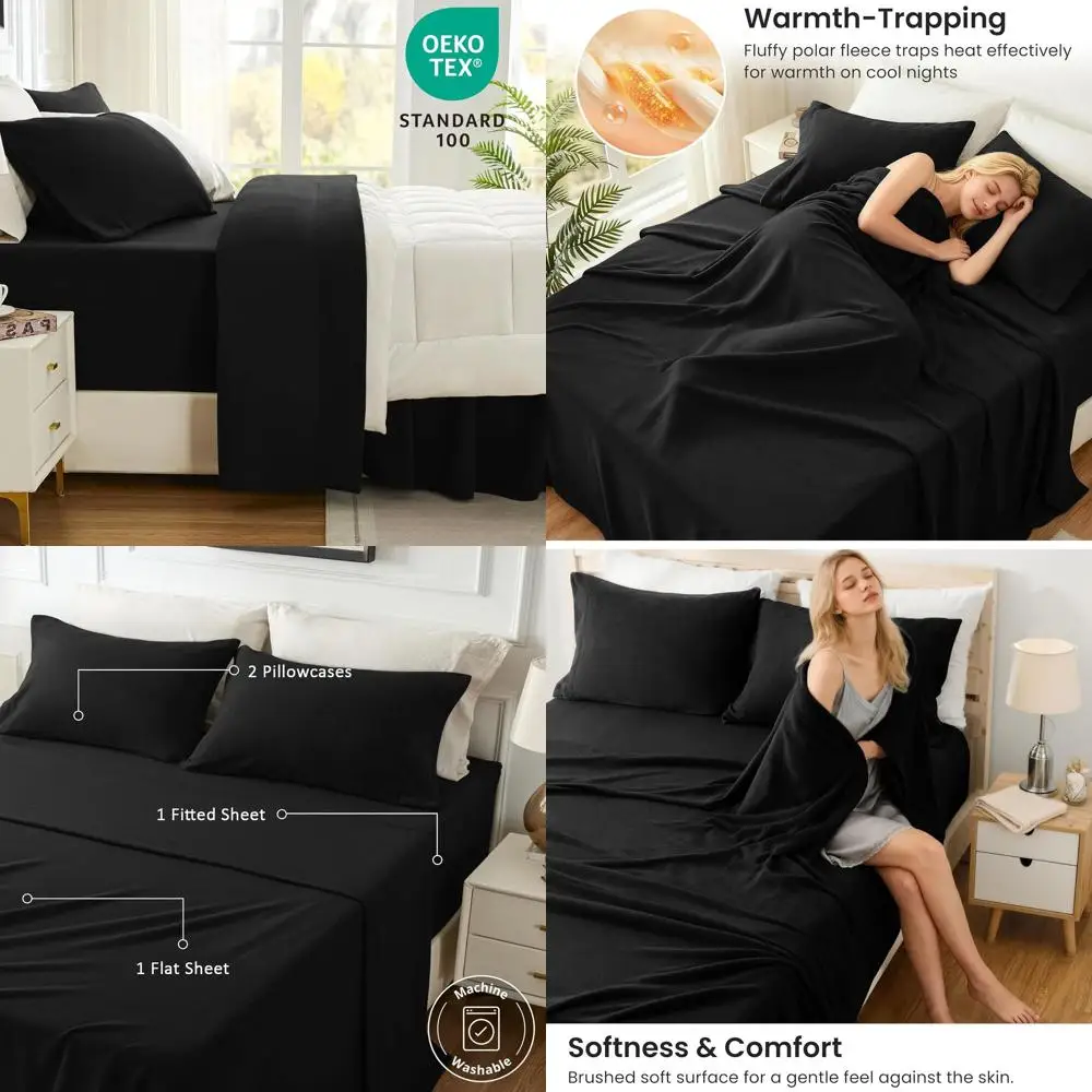 

4-Piece Black Plush Polar Fleece Queen Sheet Set with 16 Deep Pockets for Cozy Warmth in Cold Seasons