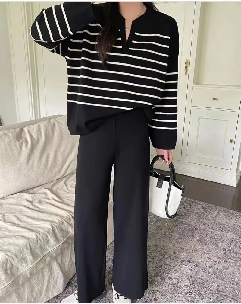 Korean Fashion Casual Knitted Two Piece Set for women Striped Long Sleeve Loose Pullover Sweater + Wide Leg Pants Sets Tracksuit