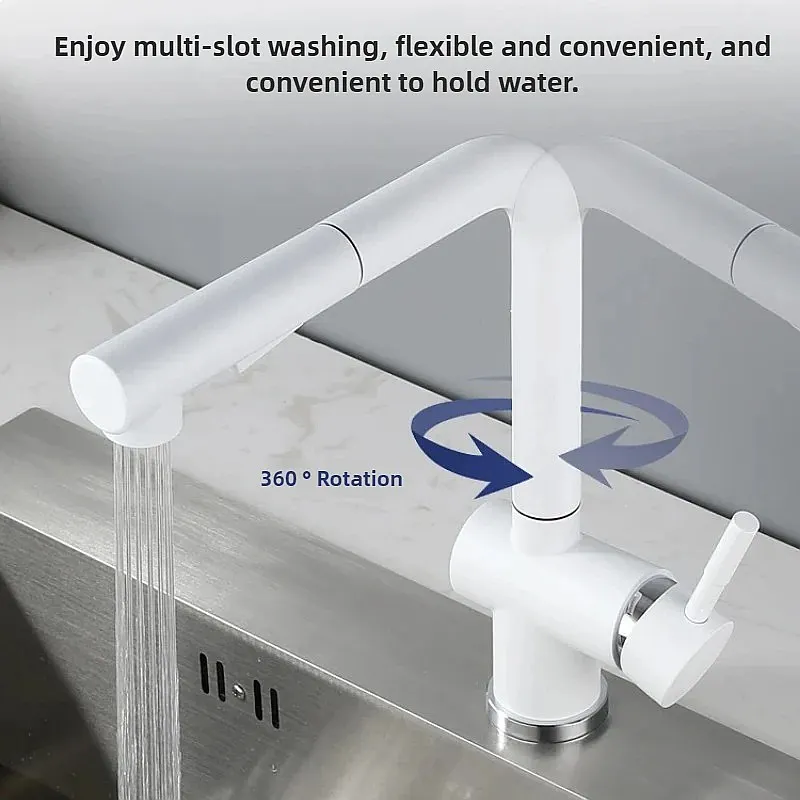 White Kitchen Faucet Pull Out Sprayer 4 Modes 360 Rotation Hot Cold Mixer Tap Deck Mount