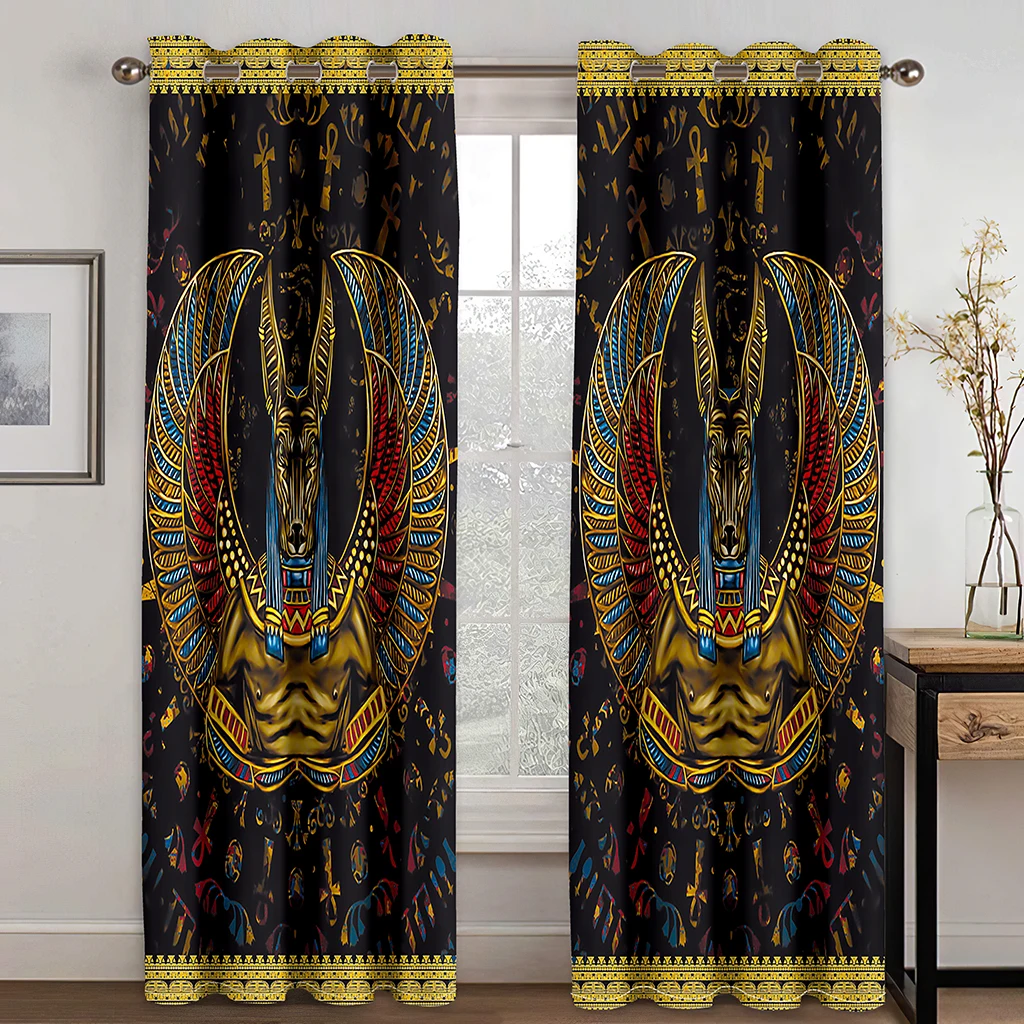 Ancient Egypt African Pharaoh Design Black Gold Thin 2 Panels Curtains for Living Room Bedroom Window Drape Decor