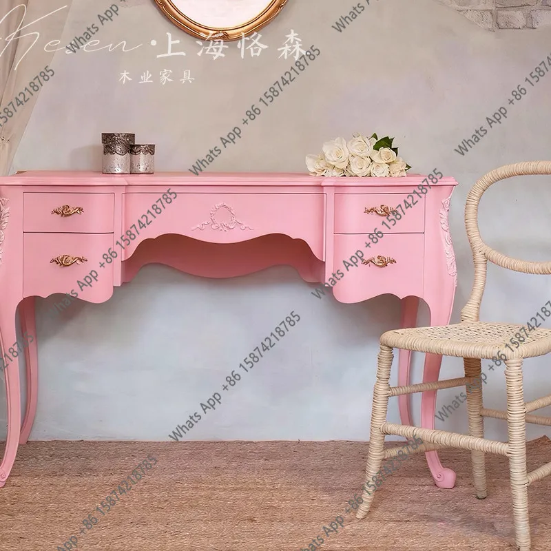 

French modern solid wood makeup table dressing table combination American simple pink fashion writing desk