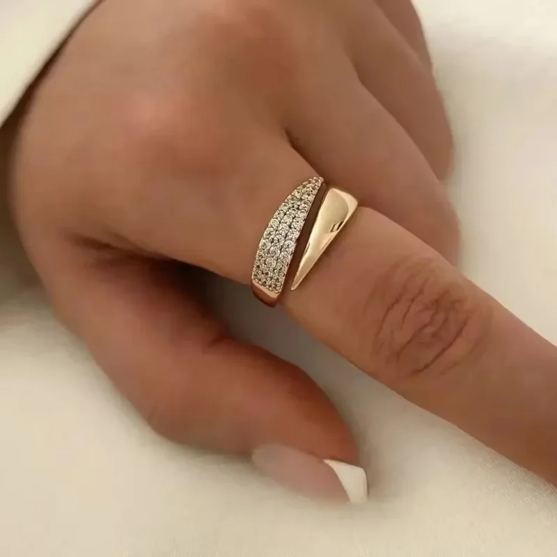 Gold Adjustable Open Ring Paved Micro Zircon Minimalist Stackable Finger Ring Fashion Women Jewelry