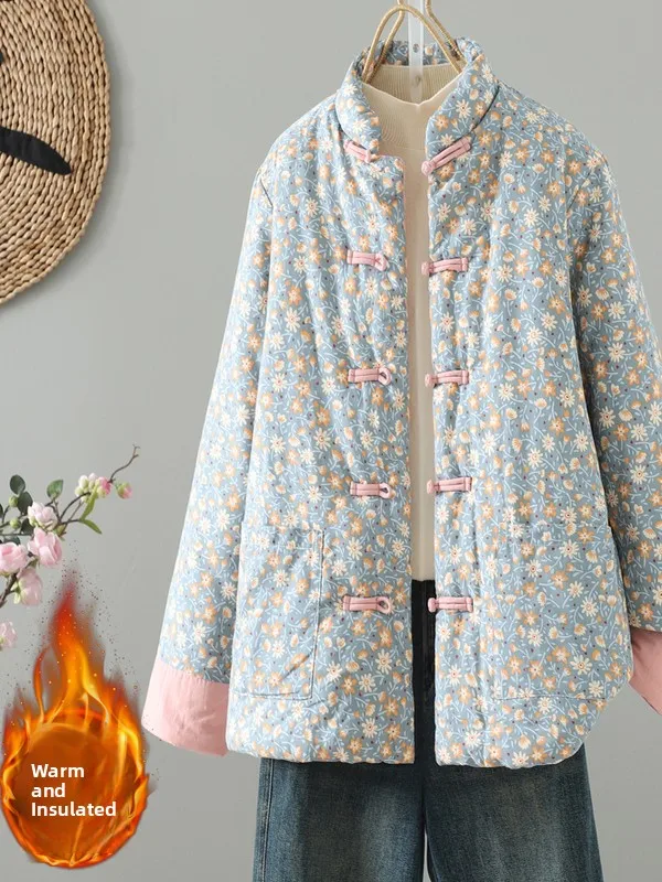 

Thiened Cotton Jaet Women's Autumn Winter Warm New Chinese Sle Cotton Coat Comfortable Fit Long Sve Stand Collar Coat