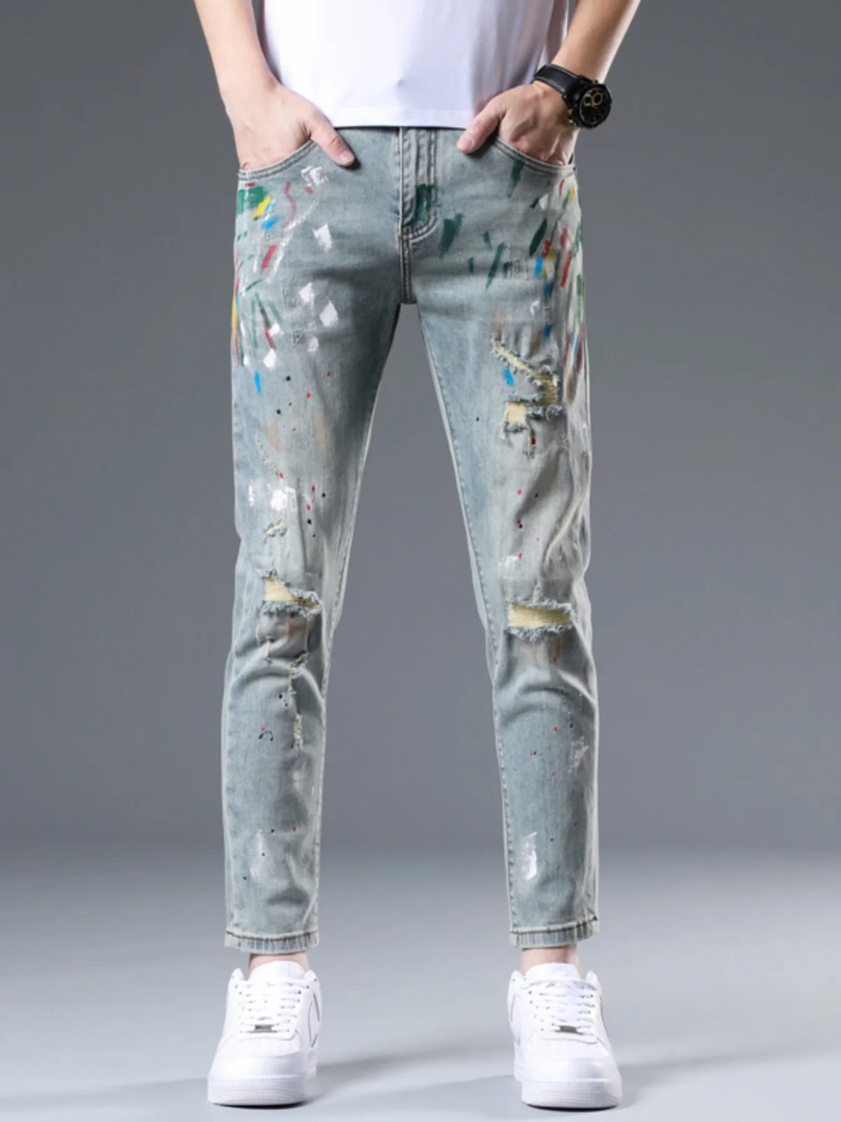 

High-End Men's Straight Leg Jeans Elastic Casual Versatile Nine-Piece Pants Spring Summer 2025 Trendy Brand Slim Fit Casual