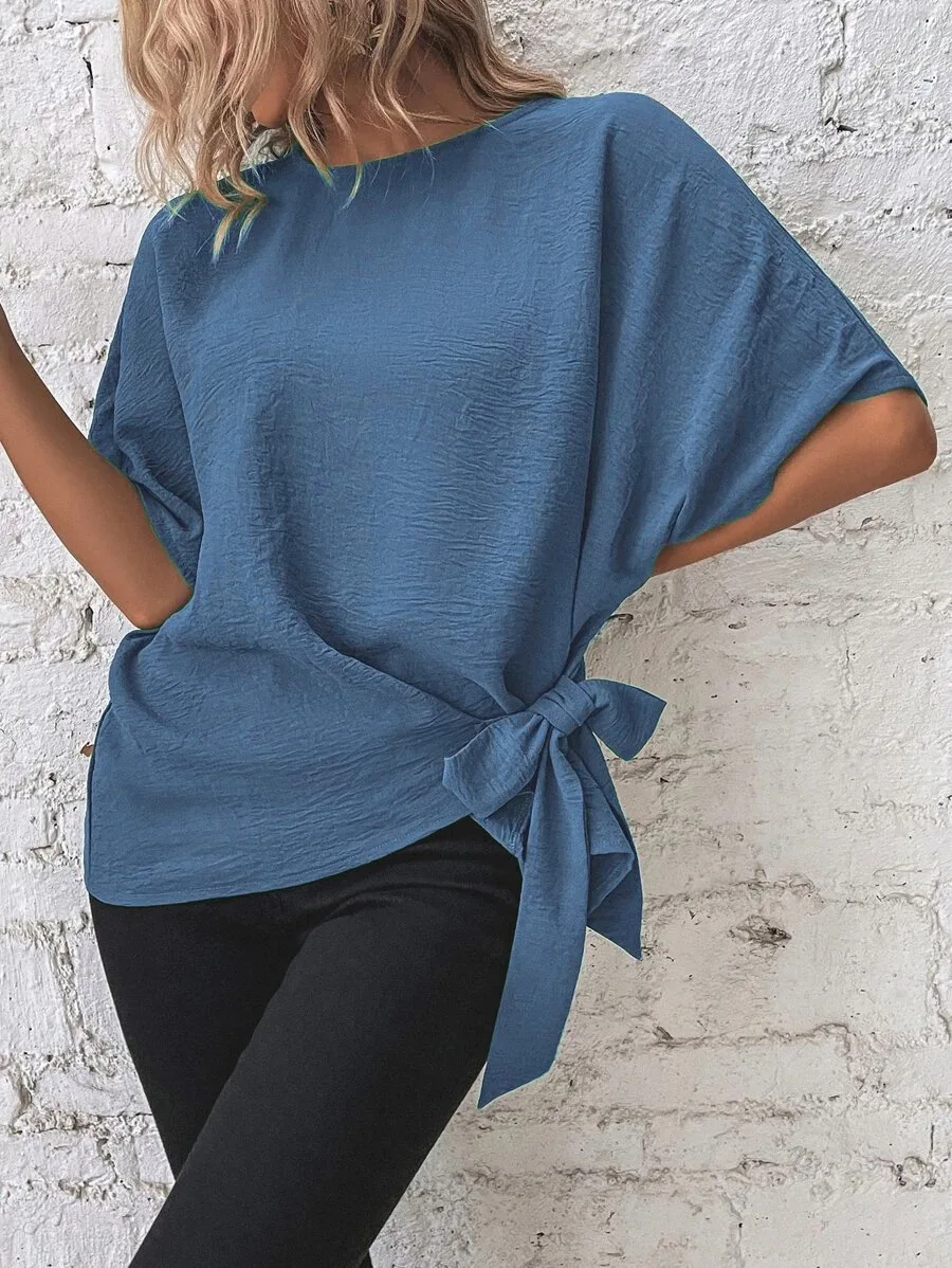 

2026 Summer New Solid Color Bat Sleeve Shirt Loose Casual Short Sleeve Commuter Top