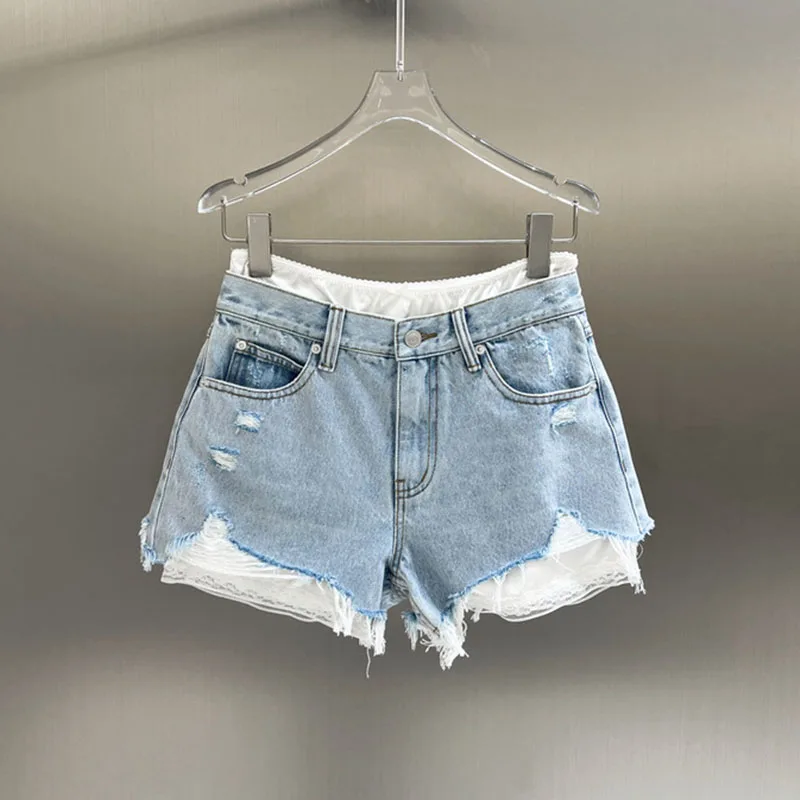 

Blue Lace Splice Hole Hemming Denim Shorts Women's Hot Pants Spring Summer New Style High Waist Wide Leg Jeans Princess Greenn