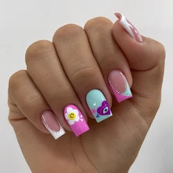 A Full Set of 24 Short Square Fake Nails, Made of Color-Blocked French Design with Colorful Loving Smiley Faces and European and American Style, Including 1 Jelly Glue and 1 Buffer, Perfect for Parties, Dances and Daily Wear, Removable and Reusable.