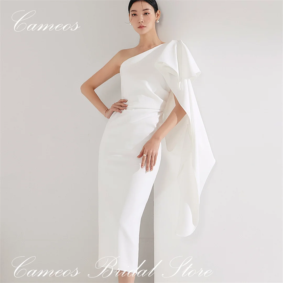 

SONDR Korea One-Shoulder White Evening Dress Custom Made Formal Prom Dress Satin Tea Length 웨딩드레스 Occasion Party Evening Gown