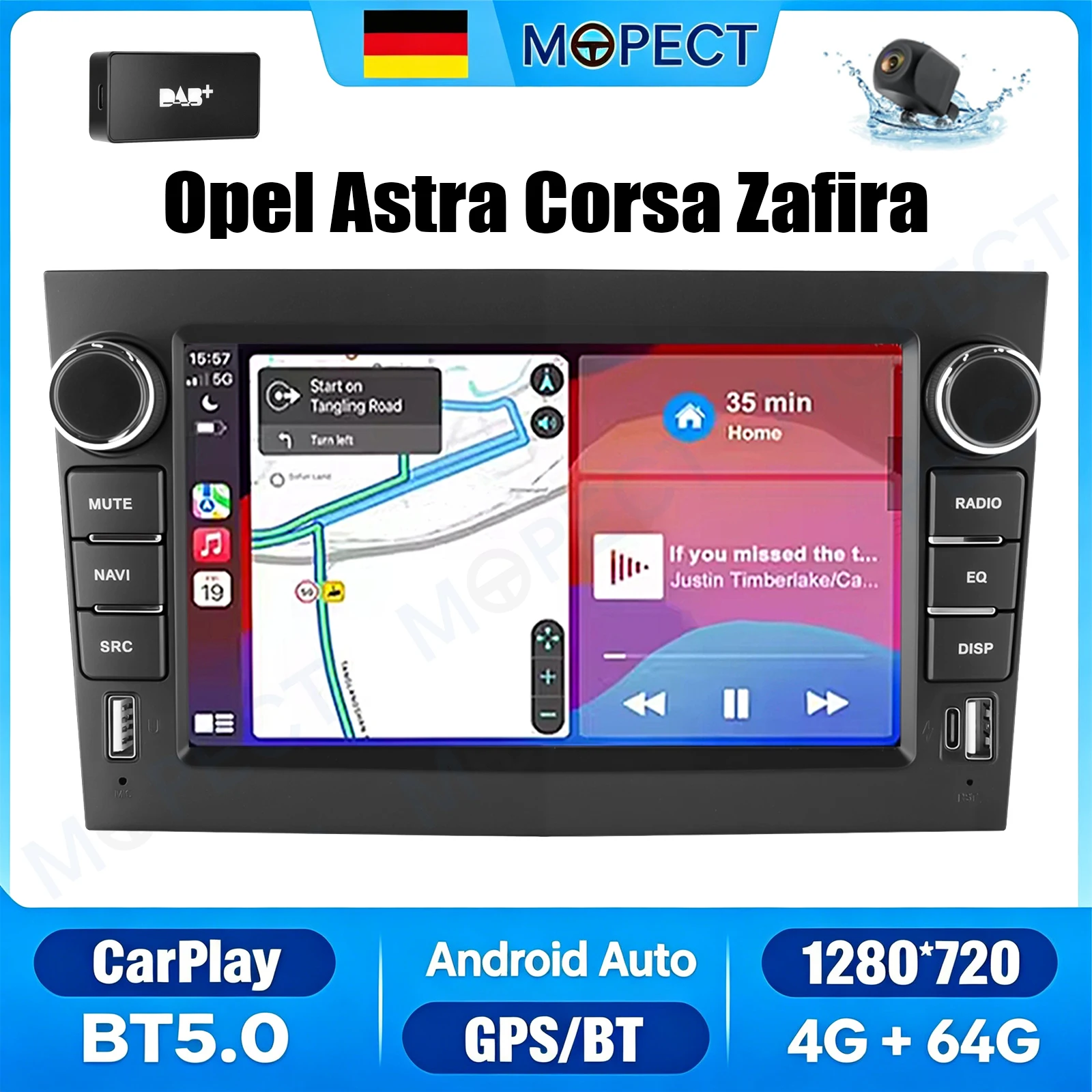 Autoradio Android 15 MOPECT 7" 4+64G per Opel Astra Antara Vectra Corsa con Carplay, USB, GPS, Navigatore, Touch Screen, WiFi, DAB e Telecamera