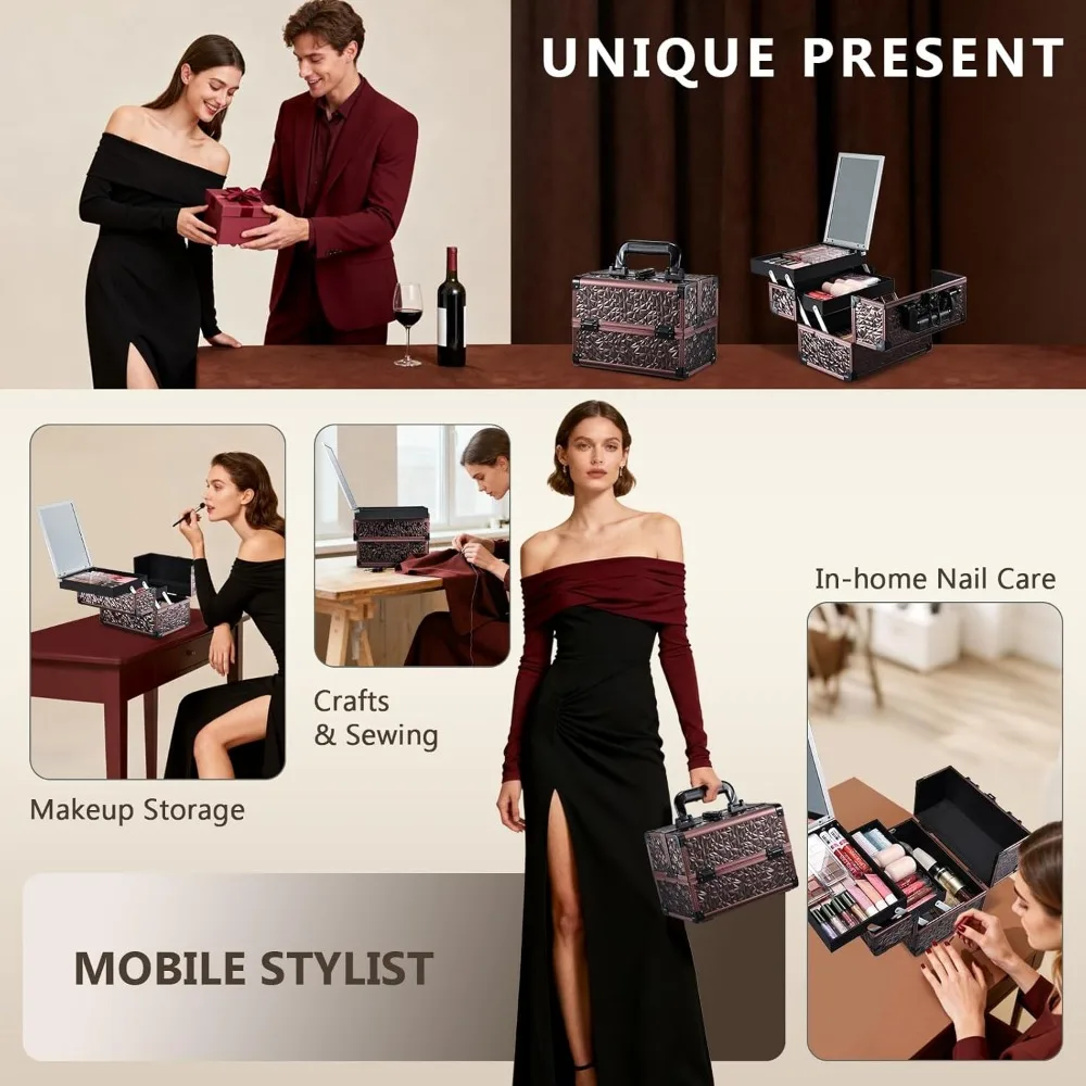 Portable Makeup Case with Mirror and Lock, 2-Tray Organizer for Travel, Dark Brown Cosmetic Storage Box