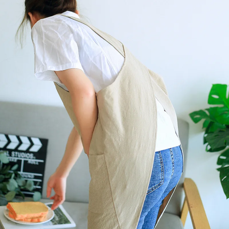 Brief Rural Apron Women\'s Shoulder Strap Free Comfortable and Soft Home Cotton Cover Kitchen Cleaning Apron