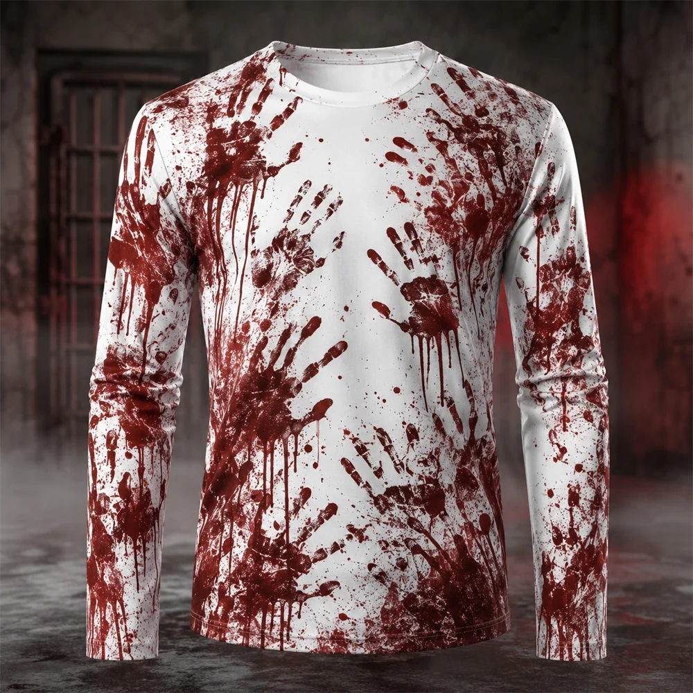 3D Print Horror Red Blood Pattern Halloween Long Sleeve T Shirts For Men Handprint Scratch Design Halloween Party Unique Tee Top