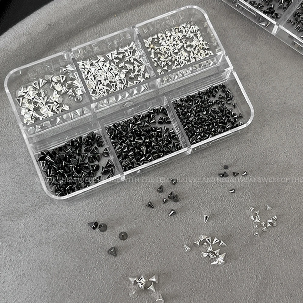 6Grids 3D Mini Punk Metal Nail Studs 1/2/3mm Mix Size Silver Black Nail Art Charms Alloy Rivets Stick Cone DIY Crafts Decoration