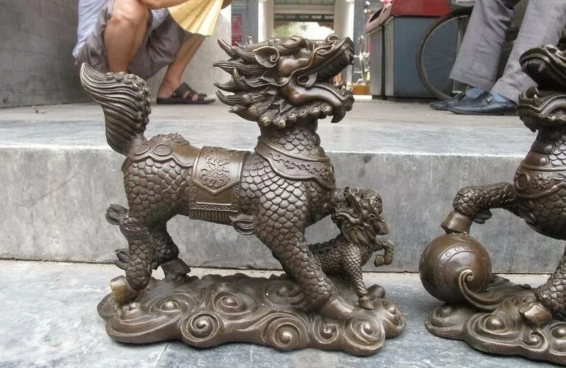 China regius Pure Bronze Dragon Kylin Lucky Fengshui Chi-Lin statue Pair