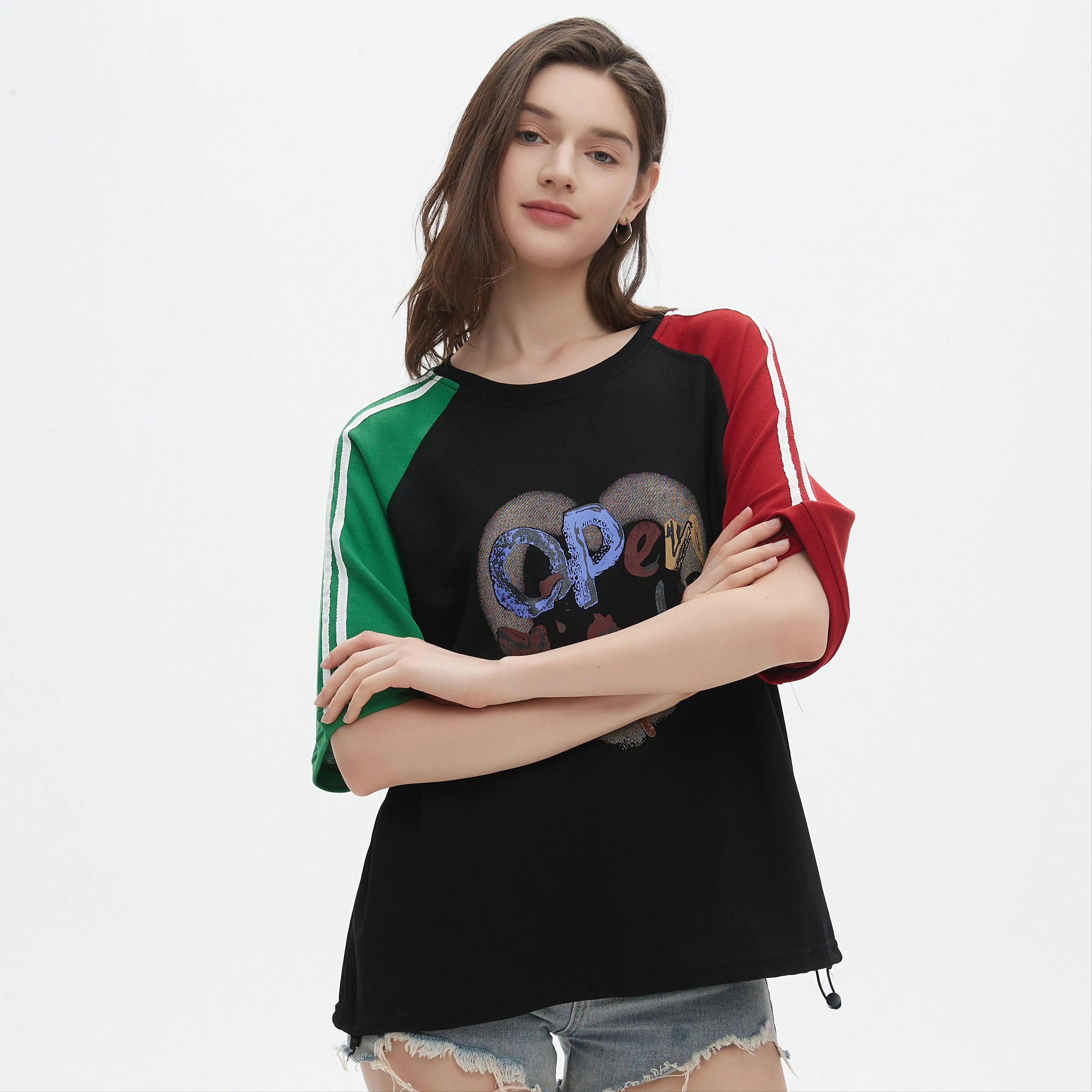 

Dimanaf 2025 Summer T-shirt Women Stripe Letter Printing Asymmetrical Short Sleeve Loose White Black