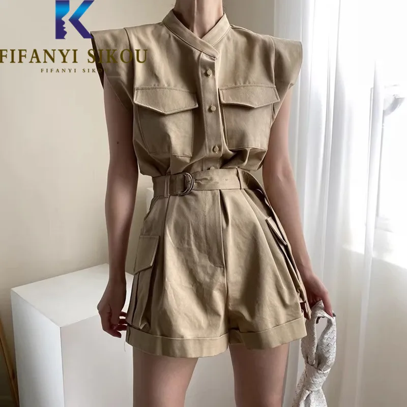 2024 Summer Sleeveless Jumpsuits Women Pocket Belt High Waist Wide Leg Shorts Fashion Rompers Loose Casual Jumpsuit Female