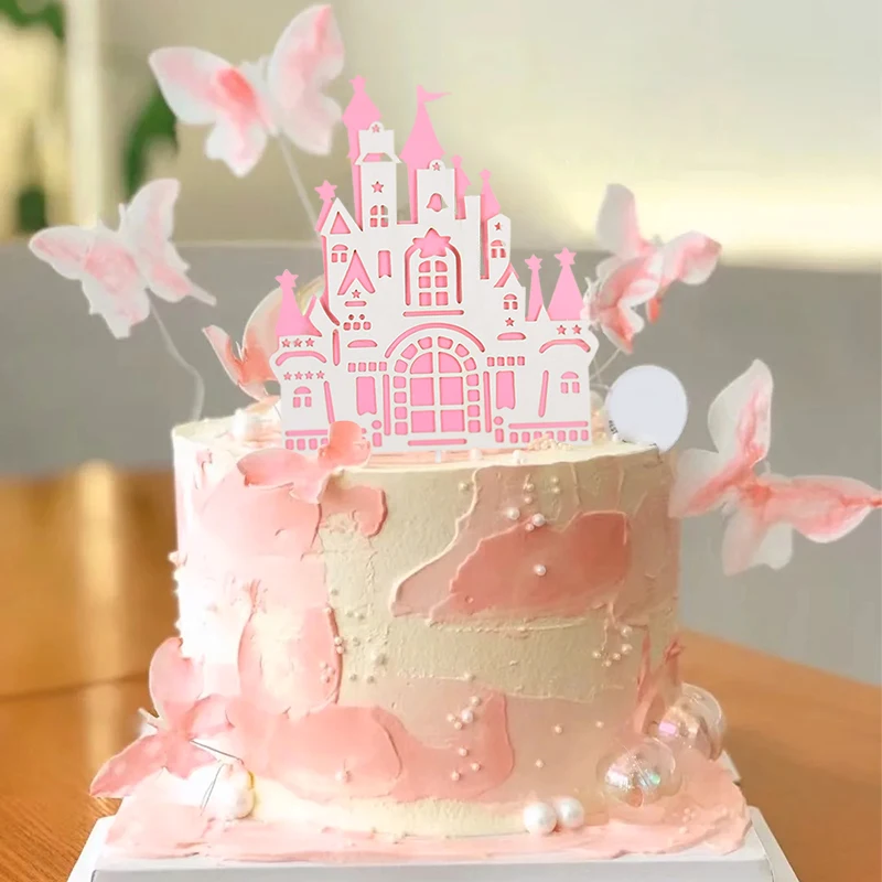 5Pc Cartoon Fairy Tale Castle Pink Gold Cake Decoration Princess Little Prince Happy Birthday Party Kids Cupcake Topper