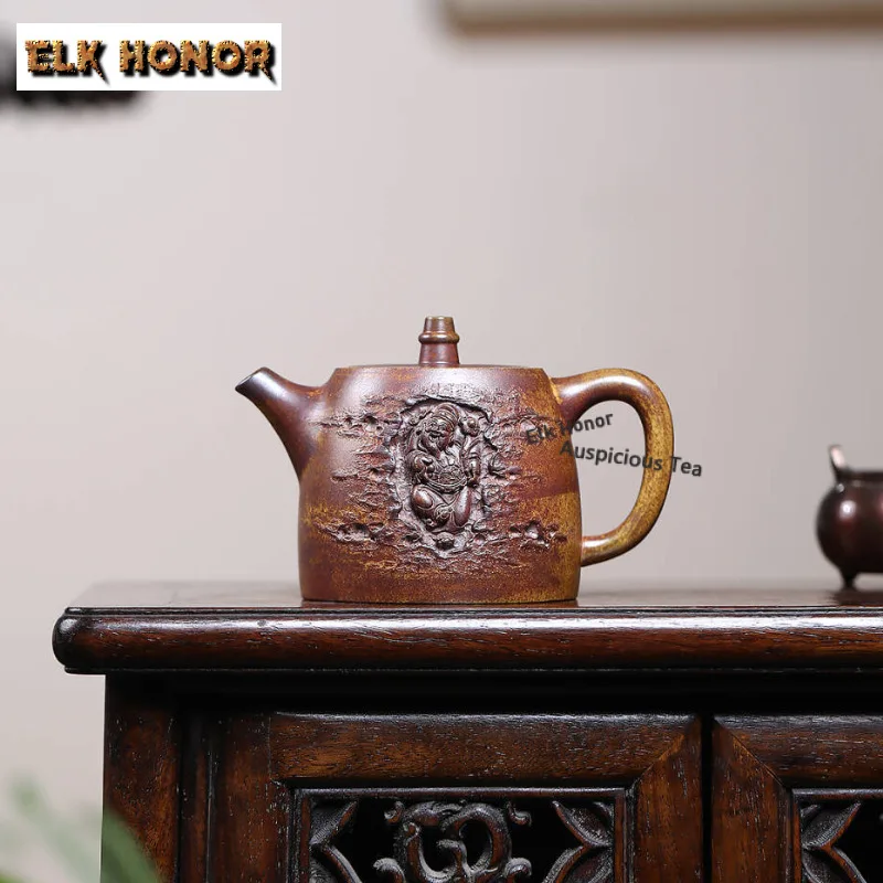 270ml Firewood Fired Pot Hollow Fortune God Of Wealth Teapot Yixing Purple Clay Teapots Raw Ore Gold Sand Kettle Zisha Teaset