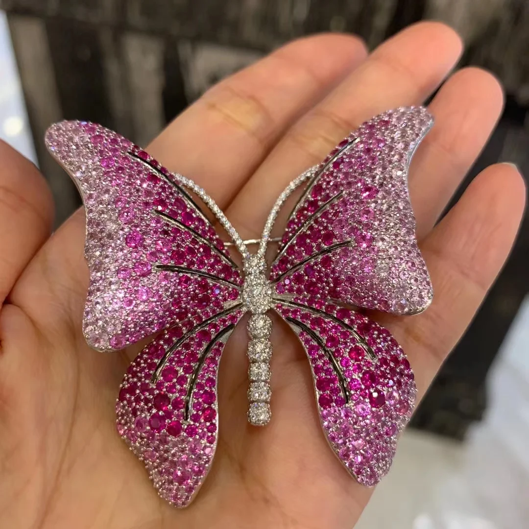 الحشرات الوردي اللون فراشة بروش 925 فضة مع مكعب الزركون غرامة النساء المجوهرات الفاخرة مجوهرات 63*61 مللي متر MIYI #2